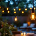 A photograph of a beautifully designed outdoor led pendant light illuminated in a cozy outdoor setting