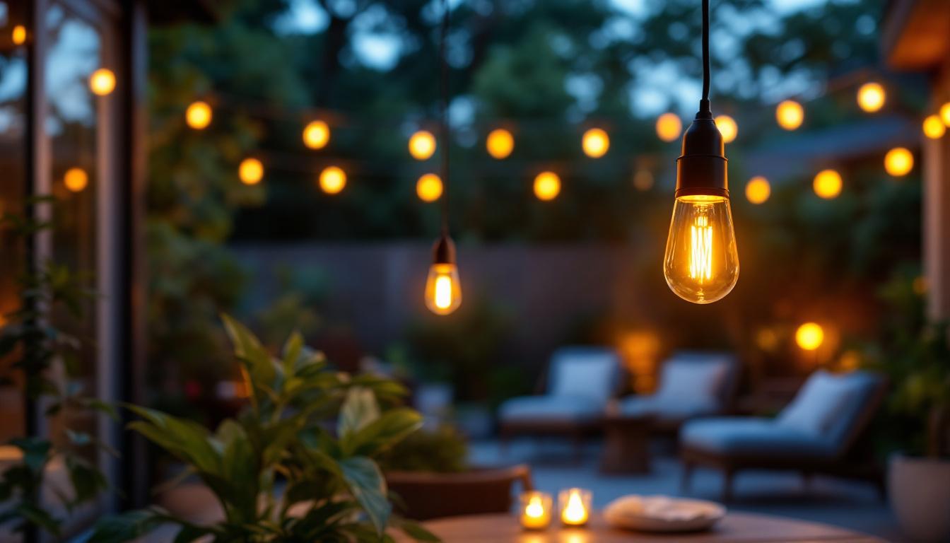 A photograph of a beautifully designed outdoor led pendant light illuminated in a cozy outdoor setting
