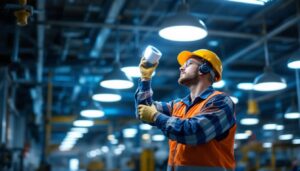 A photograph of a well-lit industrial or commercial space showcasing rab lighting fixtures