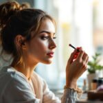 A photograph of a well-lit makeup station featuring a model applying makeup in natural light