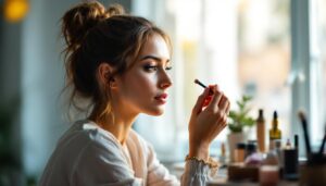 A photograph of a well-lit makeup station featuring a model applying makeup in natural light