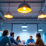 A photograph of a well-lit team meeting in a modern office space