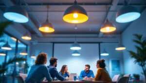 A photograph of a well-lit team meeting in a modern office space