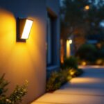 A photograph of a well-lit outdoor space featuring a motion sensor light in action