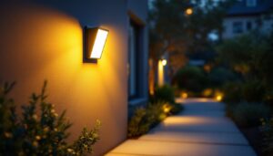 A photograph of a well-lit outdoor space featuring a motion sensor light in action