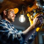 A photograph of a lighting contractor working on a standard light fixture installation in a residential setting