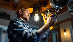 A photograph of a lighting contractor working on a standard light fixture installation in a residential setting