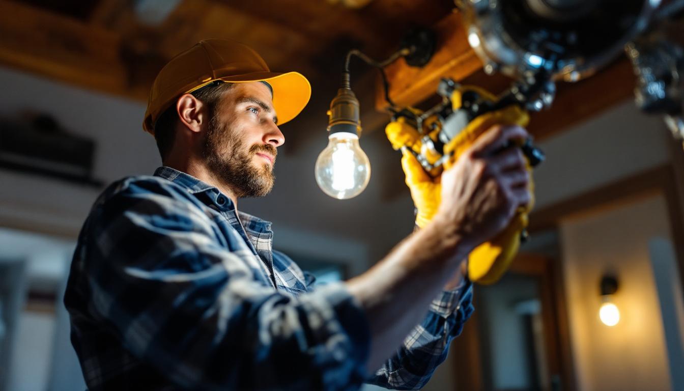 A photograph of a lighting contractor working on a standard light fixture installation in a residential setting