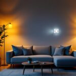 A photograph of a stylish living room with a modern dimmer switch in action