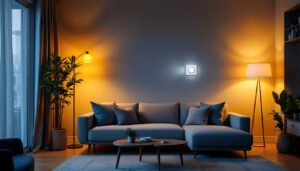 A photograph of a stylish living room with a modern dimmer switch in action