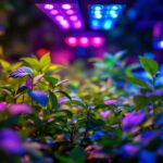 A photograph of a vibrant indoor garden illuminated by various led grow lights