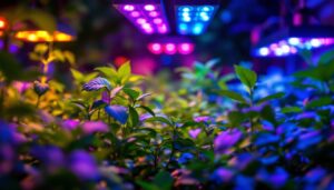 A photograph of a vibrant indoor garden illuminated by various led grow lights