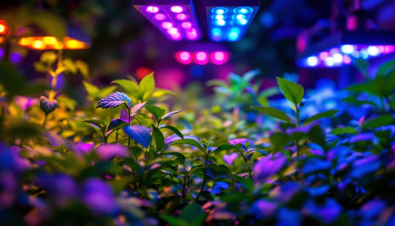 A photograph of a vibrant indoor garden illuminated by various led grow lights