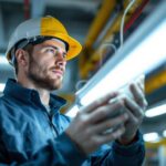 A photograph of a lighting contractor working on a project