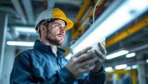 A photograph of a lighting contractor working on a project