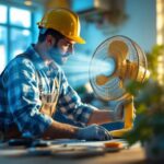 A photograph of a lighting contractor working in a well-lit space