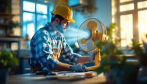 A photograph of a lighting contractor working in a well-lit space