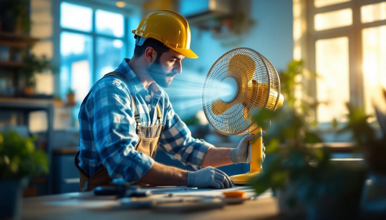 A photograph of a lighting contractor working in a well-lit space