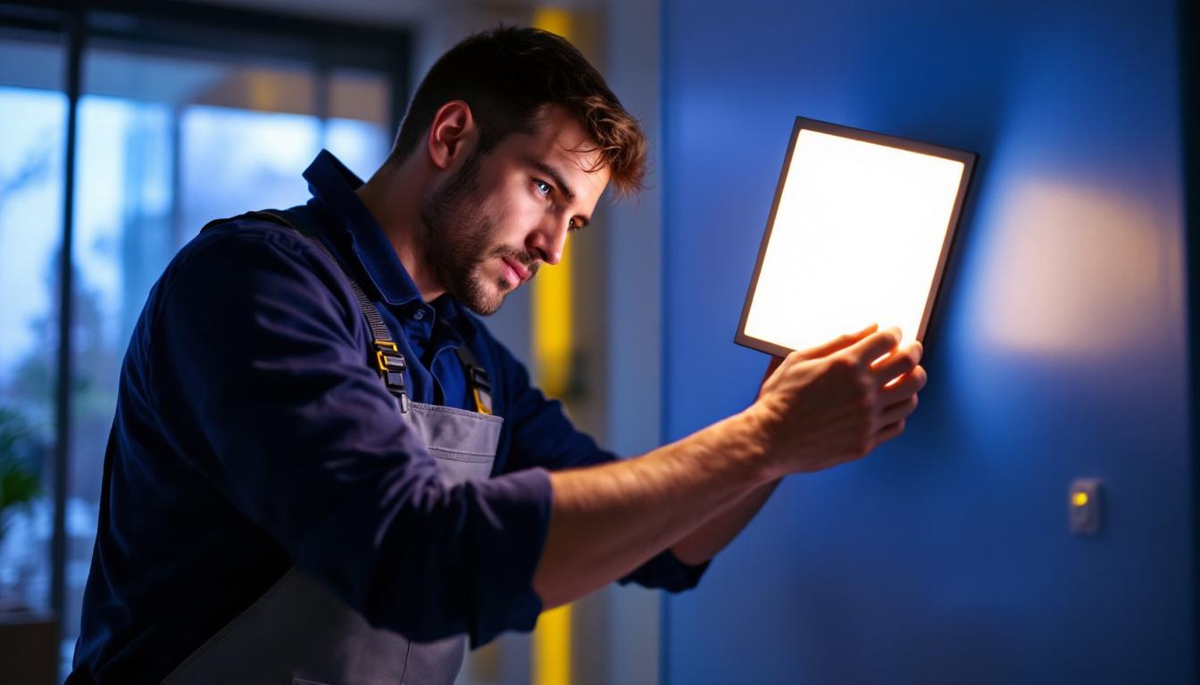 A photograph of a lighting contractor installing or showcasing a sleek square wafer light in a modern interior space
