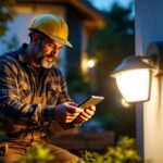 A photograph of a lighting contractor installing motion-sensitive solar lights in a residential outdoor setting