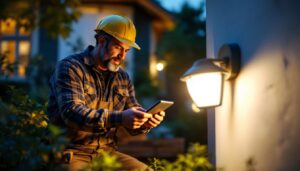 A photograph of a lighting contractor installing motion-sensitive solar lights in a residential outdoor setting