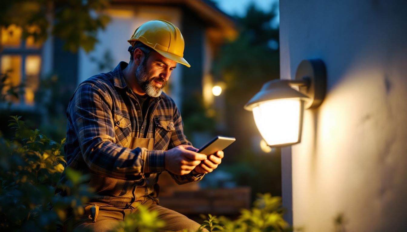 A photograph of a lighting contractor installing motion-sensitive solar lights in a residential outdoor setting