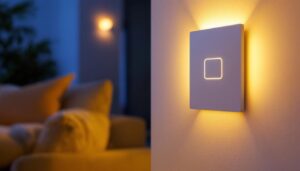 A photograph of a modern living space featuring a stylish light switch integrated with amazon alexa