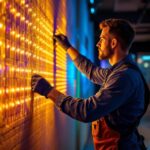 A photograph of a lighting contractor expertly installing vibrant led strip lights in a modern indoor space
