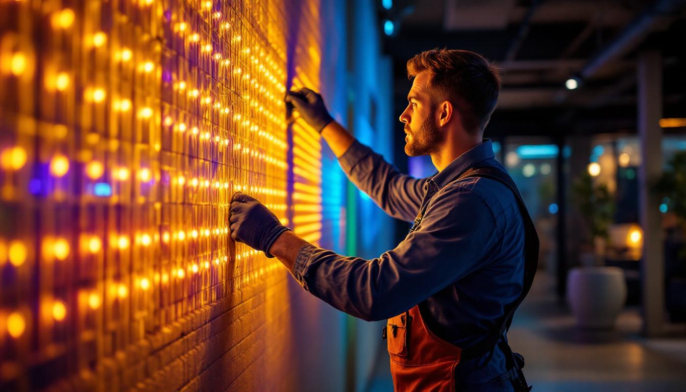 A photograph of a lighting contractor expertly installing vibrant led strip lights in a modern indoor space