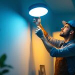 A photograph of a lighting contractor expertly installing a sleek dimmable led fixture in a modern interior space