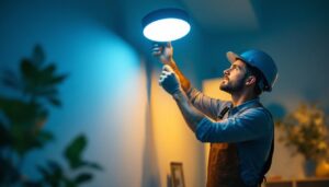 A photograph of a lighting contractor expertly installing a sleek dimmable led fixture in a modern interior space