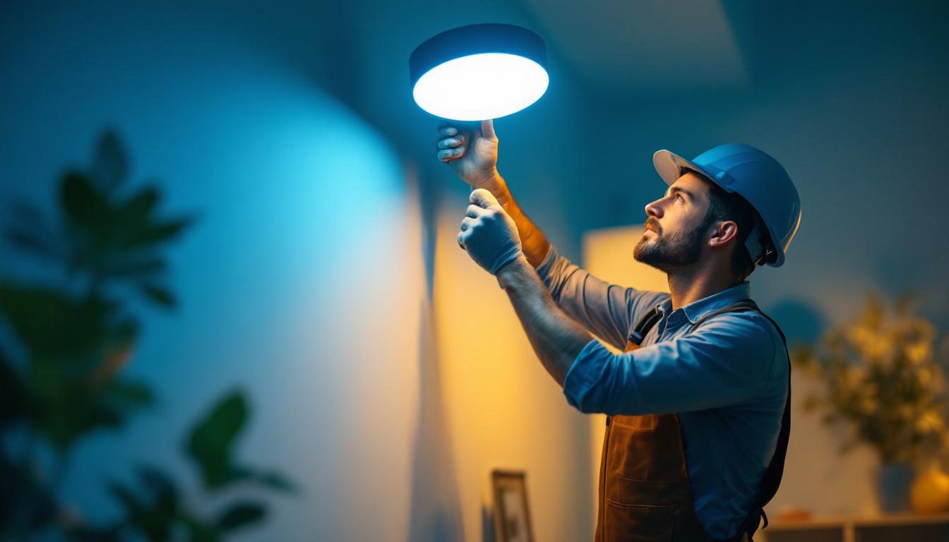 A photograph of a lighting contractor expertly installing a sleek dimmable led fixture in a modern interior space