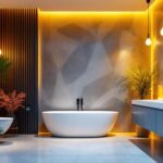 A photograph of a beautifully designed bathroom featuring a variety of modern lighting fixtures that showcase different lumen outputs