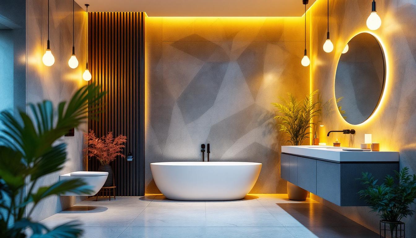 A photograph of a beautifully designed bathroom featuring a variety of modern lighting fixtures that showcase different lumen outputs