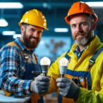 A photograph of a lighting contractor comparing r20 and br20 bulbs in a well-lit workspace