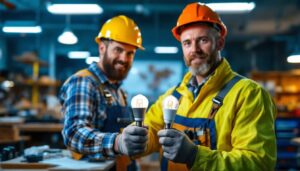 A photograph of a lighting contractor comparing r20 and br20 bulbs in a well-lit workspace
