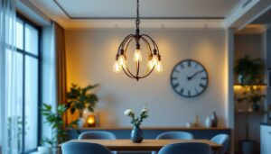 A photograph of a well-lit interior space showcasing a stylish chandelier mounted with a professional mounting kit