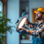 A photograph of a skilled lighting contractor installing or demonstrating 3-inch led lights in a modern interior setting