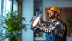 A photograph of a skilled lighting contractor installing or demonstrating 3-inch led lights in a modern interior setting