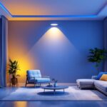 A photograph of a modern interior space showcasing flush mount led can lights in various settings
