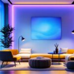 A photograph of a modern lighting installation in a stylish interior setting