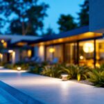 A photograph of a beautifully designed outdoor space featuring galvanized exterior lighting fixtures in use