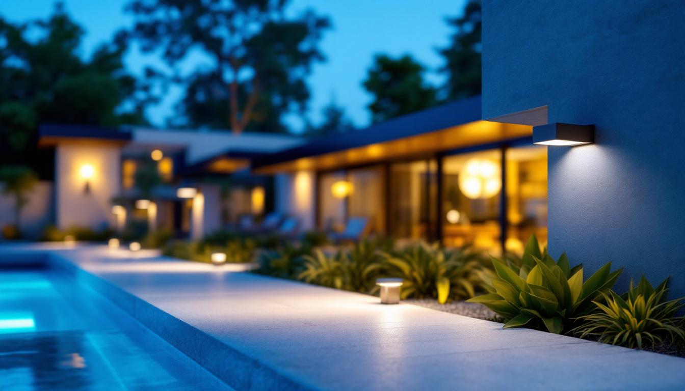 A photograph of a beautifully designed outdoor space featuring galvanized exterior lighting fixtures in use