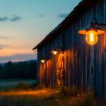 A photograph of a beautifully illuminated led barn light at dusk