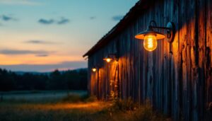 A photograph of a beautifully illuminated led barn light at dusk