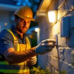 A photograph of a lighting contractor installing or inspecting a yard motion sensor in a residential outdoor setting