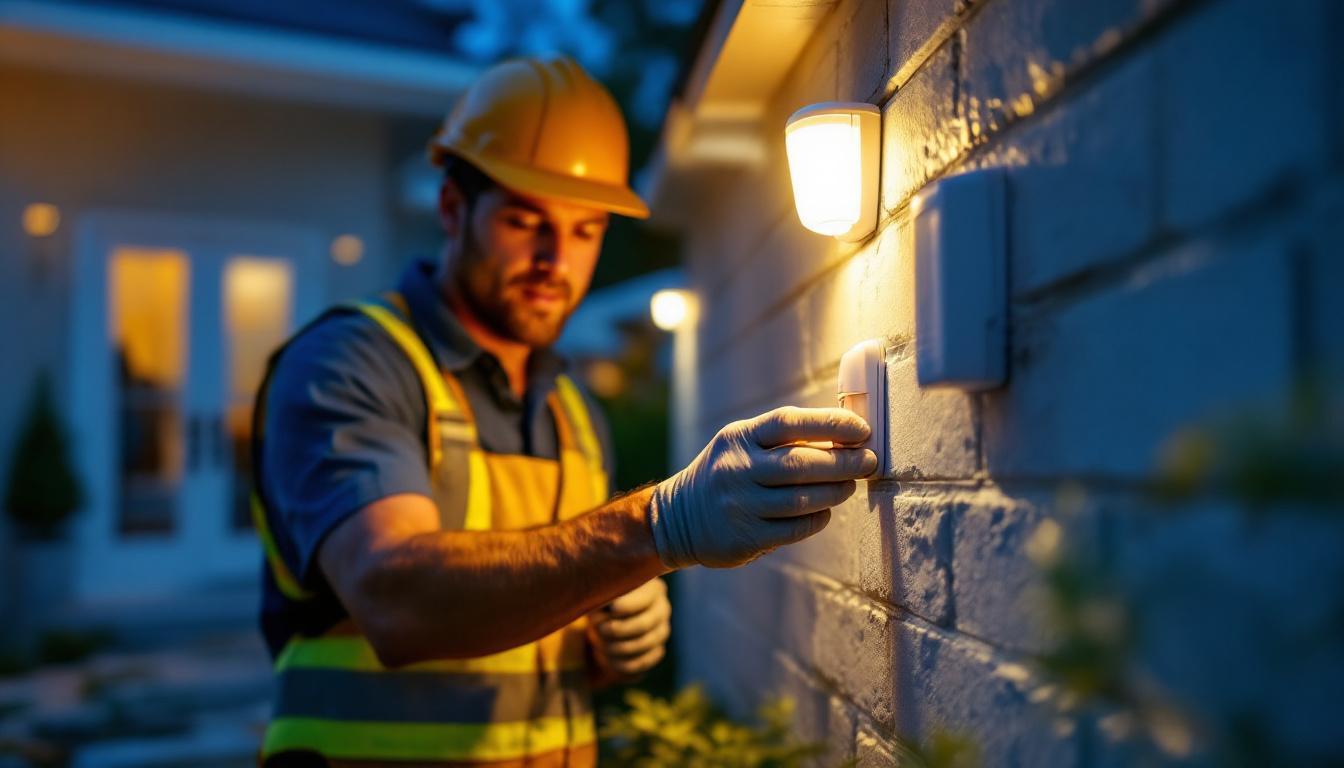 A photograph of a lighting contractor installing or inspecting a yard motion sensor in a residential outdoor setting