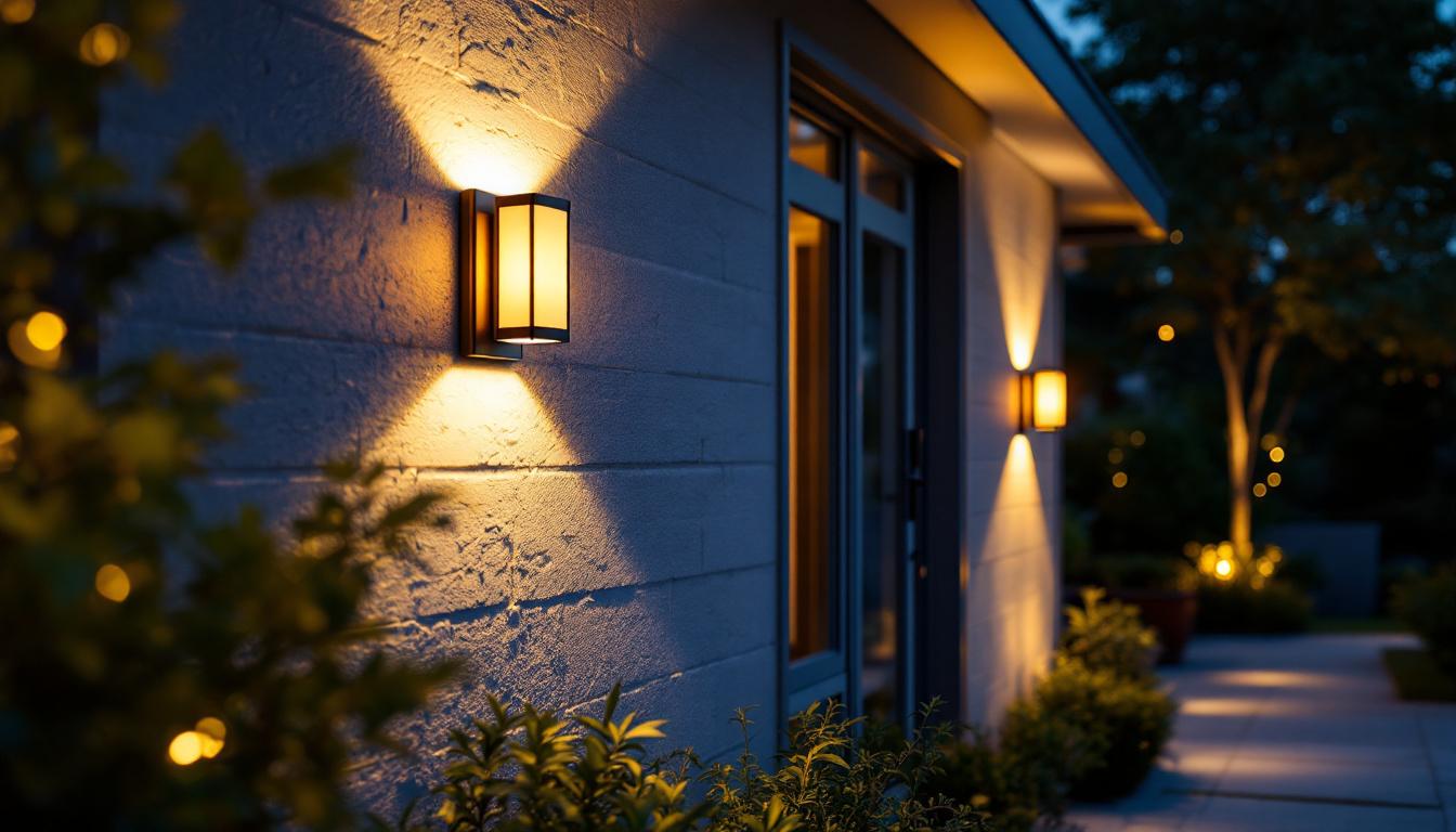 A photograph of a beautifully illuminated outdoor space featuring stylish led sconces on a house exterior
