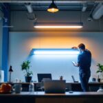 A photograph of a well-lit workspace featuring a 4ft t8 fixture installed in a commercial setting