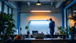 A photograph of a well-lit workspace featuring a 4ft t8 fixture installed in a commercial setting